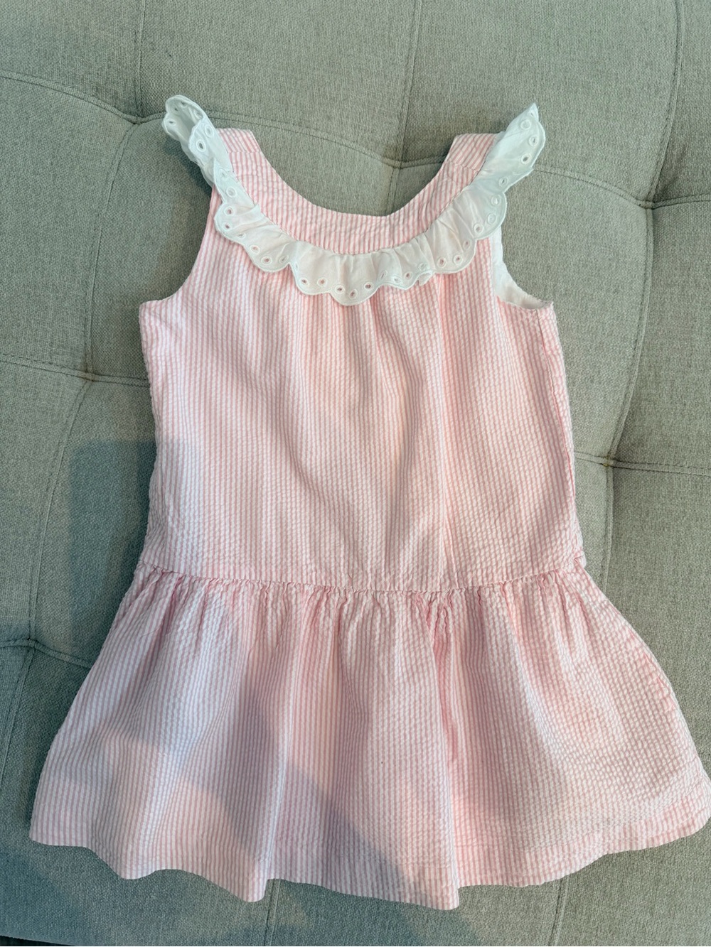 Janie and Jack Girls Pink Seersucker Sleeveless Dress with Eyelet Ruffle